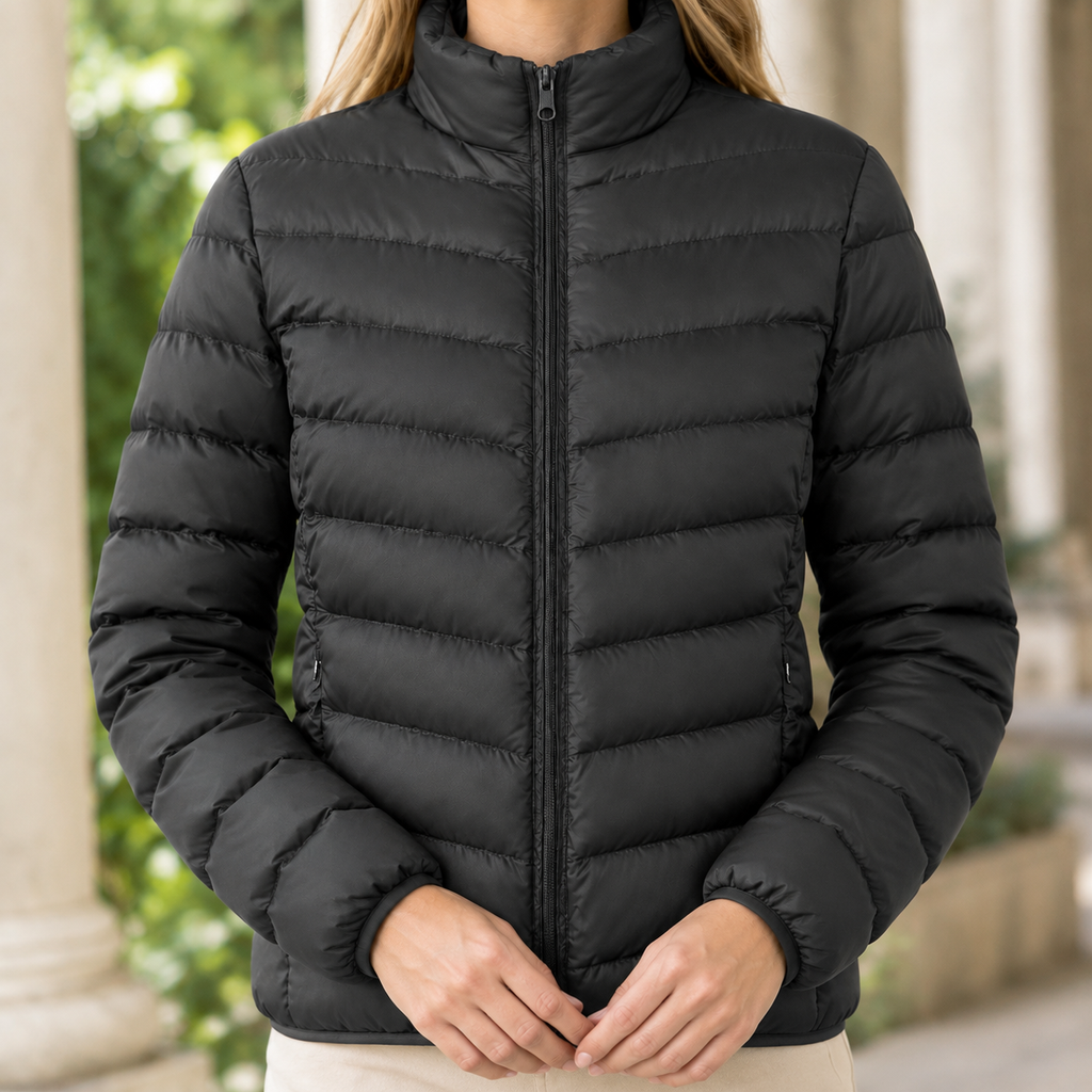 Close view of a black quilted puffer jacket showing chevron stitching, a stand collar and front zipper.