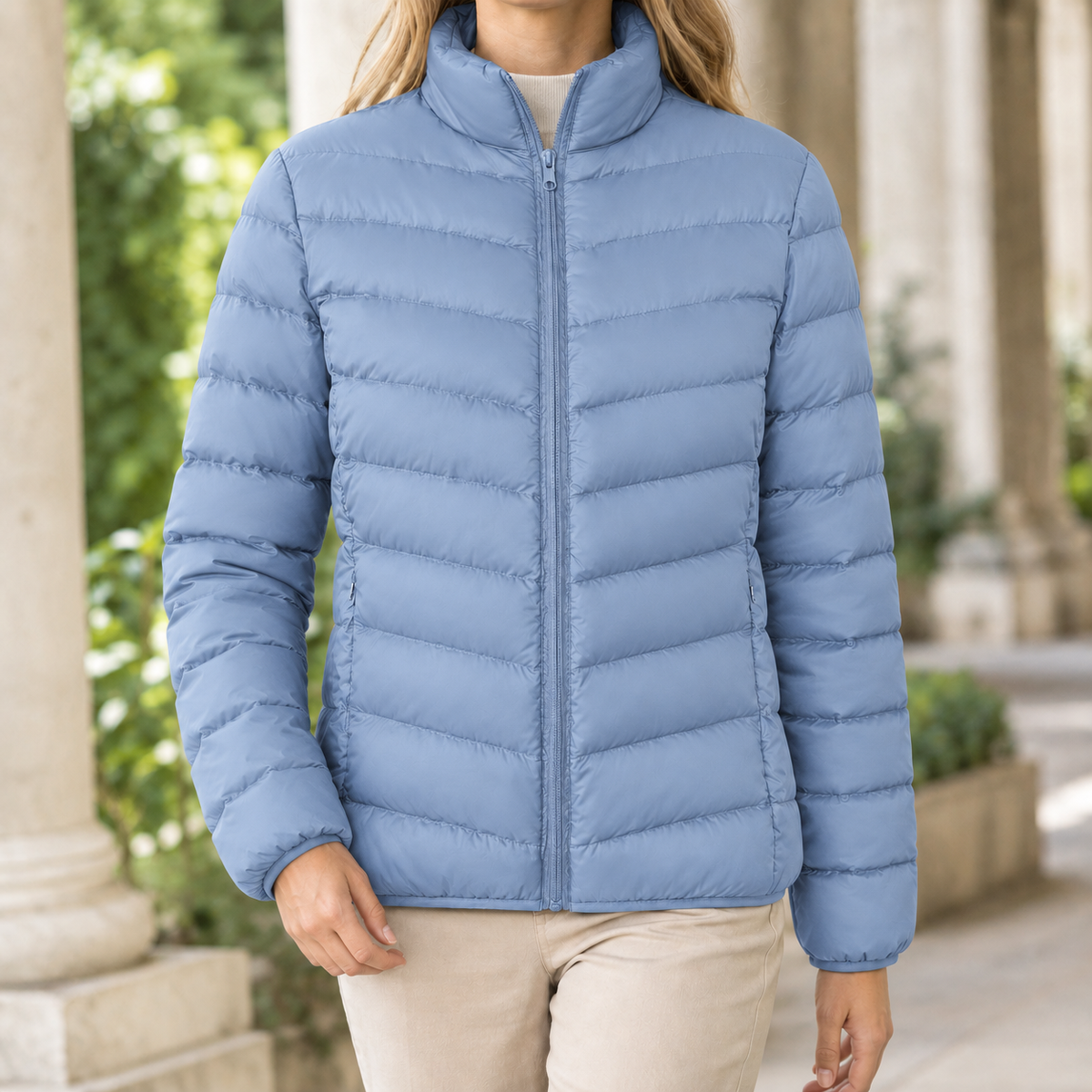 A woman wears a haze blue quilted puffer jacket with chevron quilting, a stand collar and front zip.