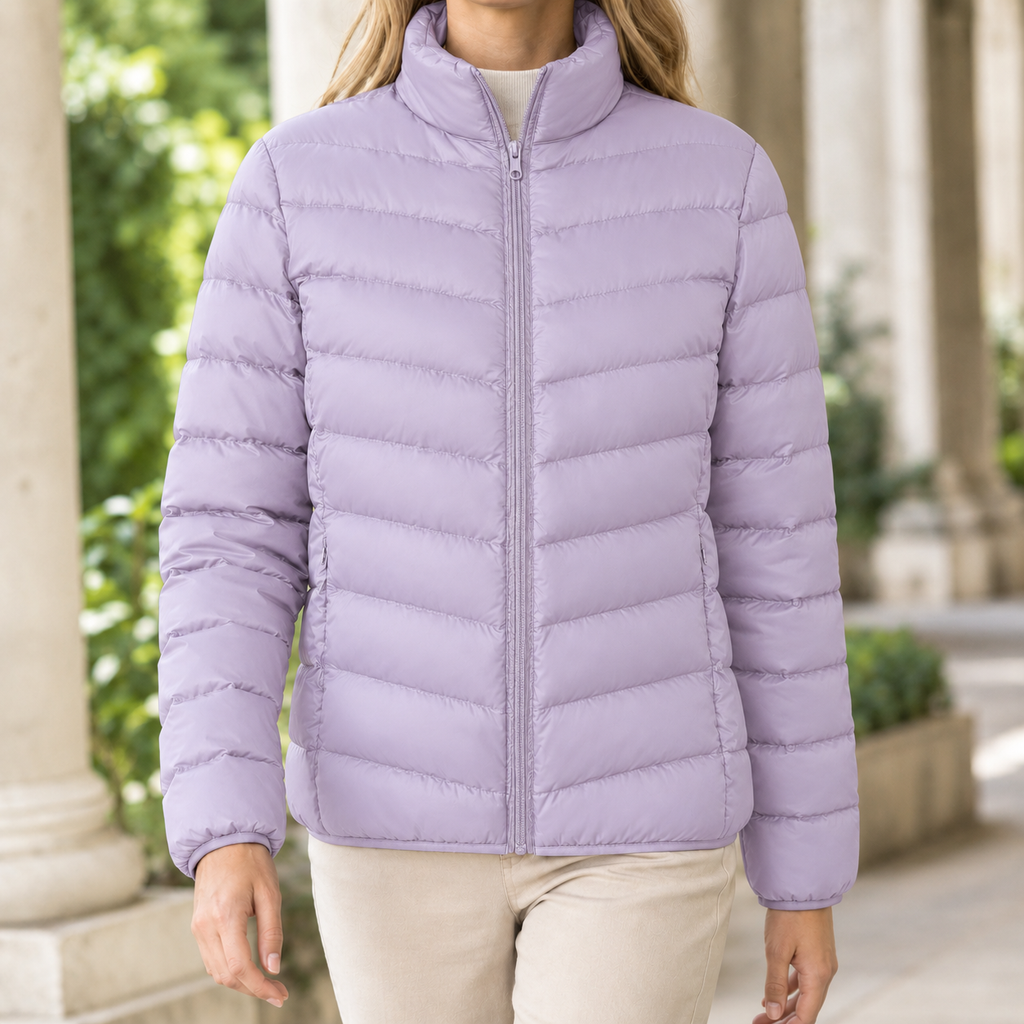 A woman wears a light purple quilted puffer jacket with chevron quilting, a stand collar and front zip.