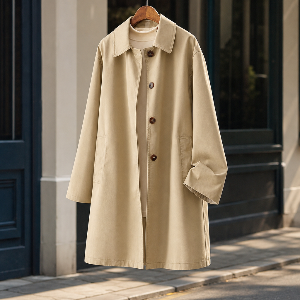 Woman wearing a khaki mid length overcoat with a single breasted front and patch pockets
