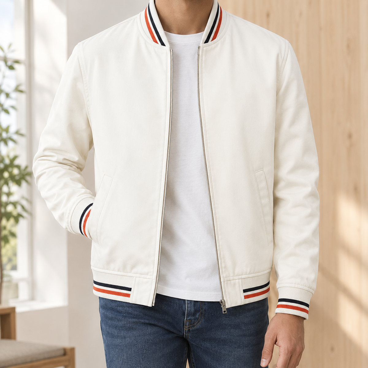 Bomber Jacket in White showing the striped ribbed collar and welt pockets