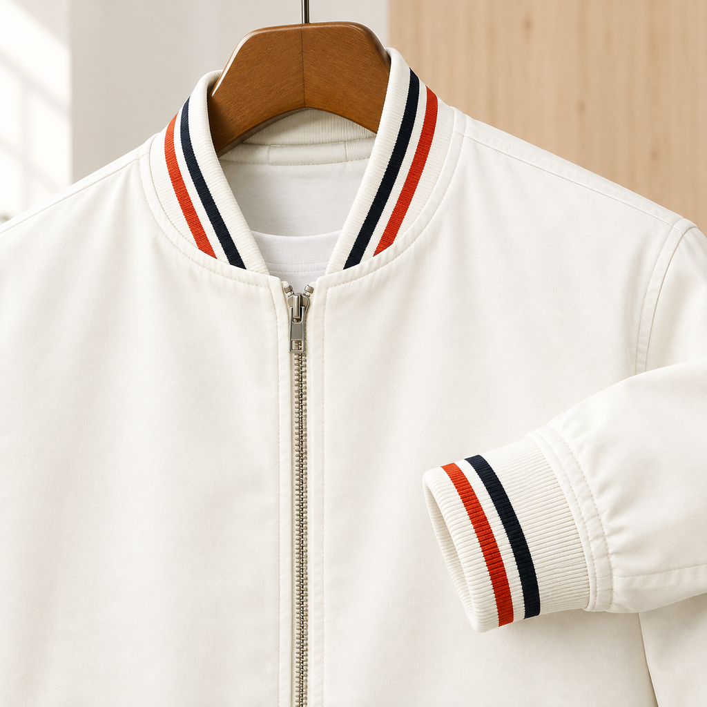 Additional view 2 of the Green bomber jacket showing the striped ribbed collar and welt pockets and construction