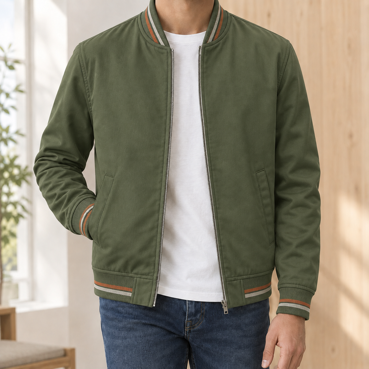 Bomber Jacket in Green showing the striped ribbed collar and welt pockets