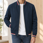 Bomber Jacket in Navy Blue showing the striped ribbed collar and welt pockets