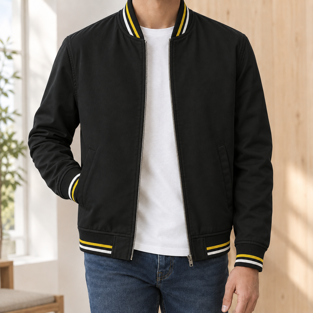 Bomber Jacket in Black showing the striped ribbed collar and welt pockets