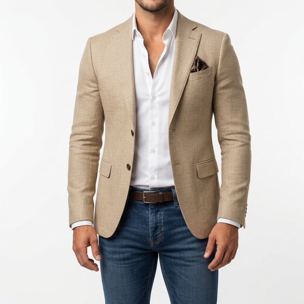 Blazer in Beige showing the single-button front and slim tailored line