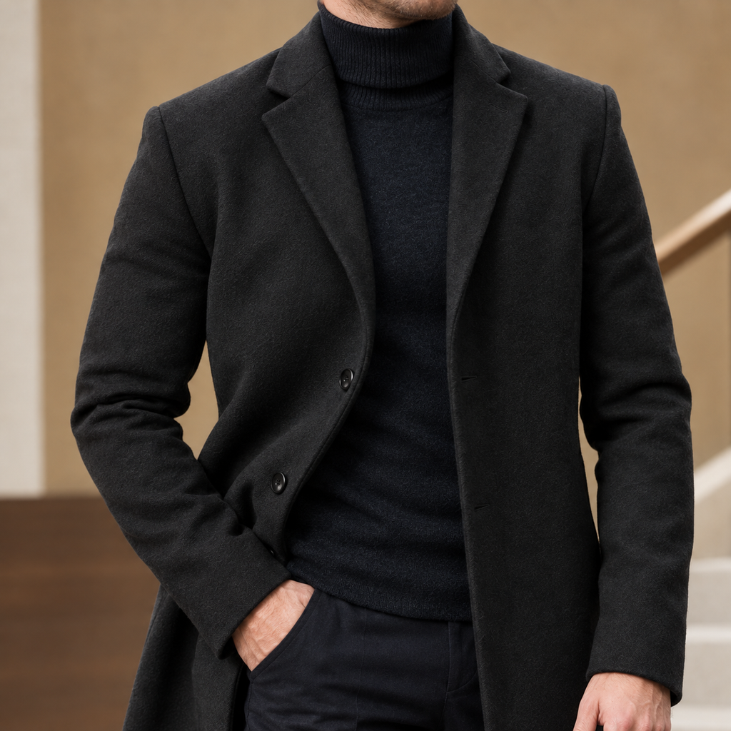 Additional view 2 of the Military Green tailored coat showing the notched lapels and shaped mid-length silhouette and construction