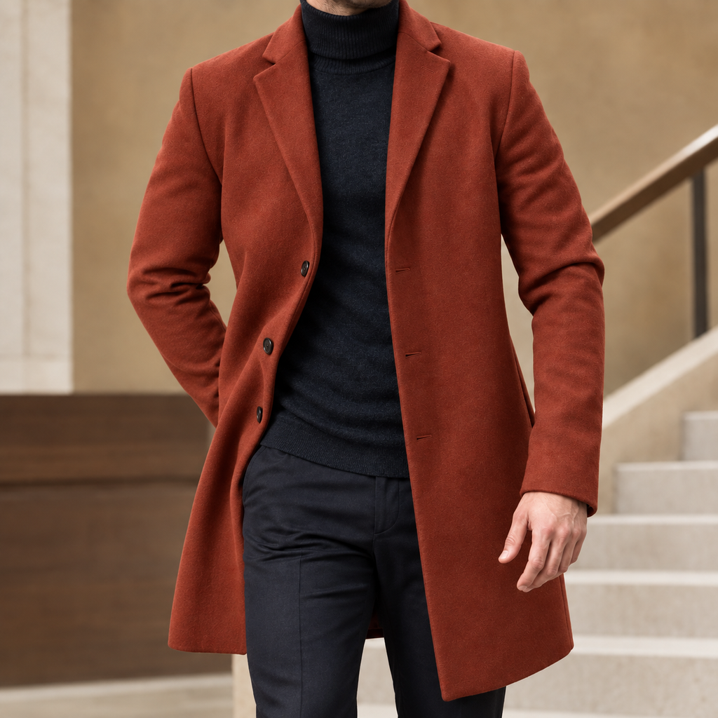 Tailored Coat in Brick Red showing the notched lapels and shaped mid-length silhouette