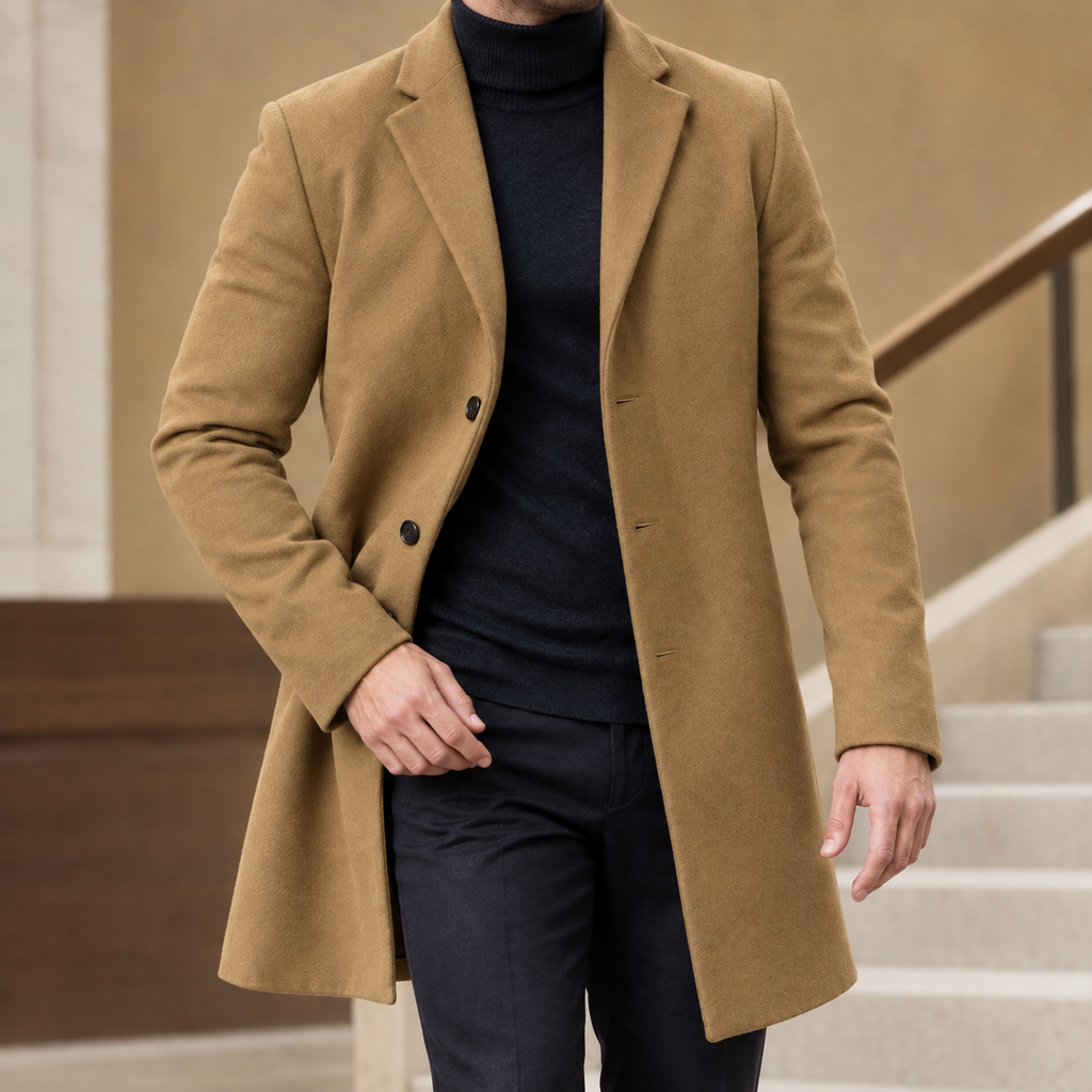 Tailored Coat in Khaki showing the notched lapels and shaped mid-length silhouette