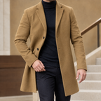 Tailored Coat in Khaki showing the notched lapels and shaped mid-length silhouette