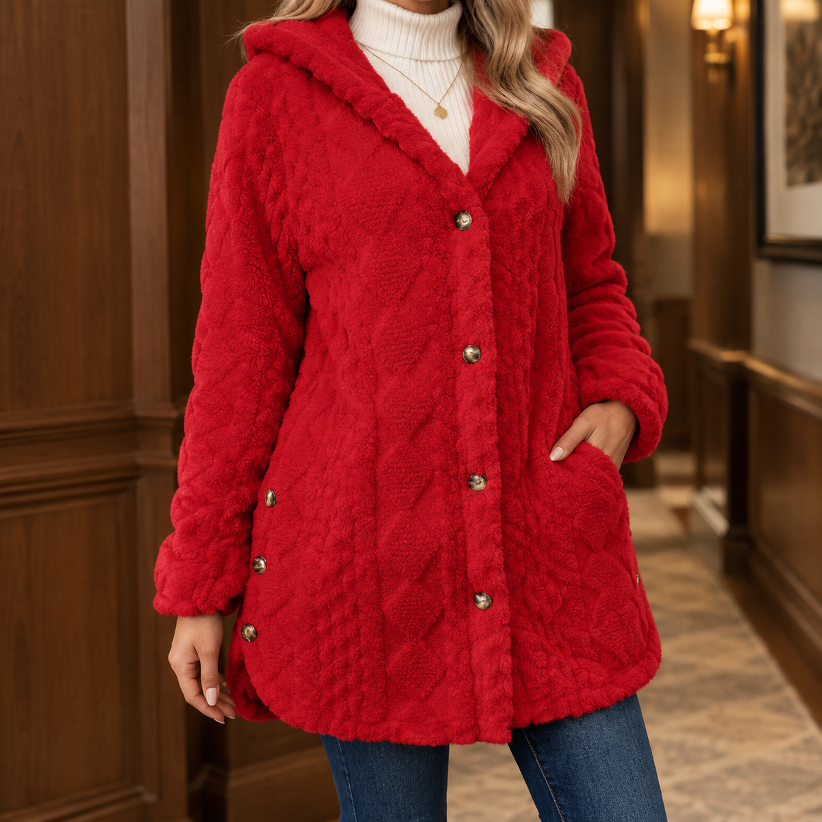 Woman wearing a red thigh length jacket with a plush raised texture and soft hood
