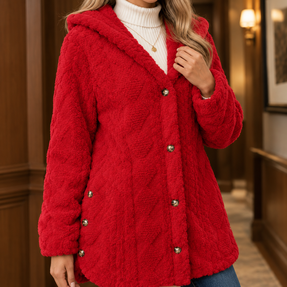 Close view of the red textured jacket showing its hood, button front and side detailing