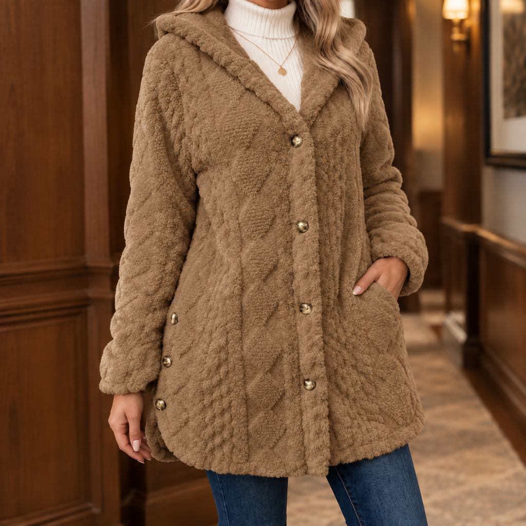 Woman wearing the plush textured hooded jacket in camel