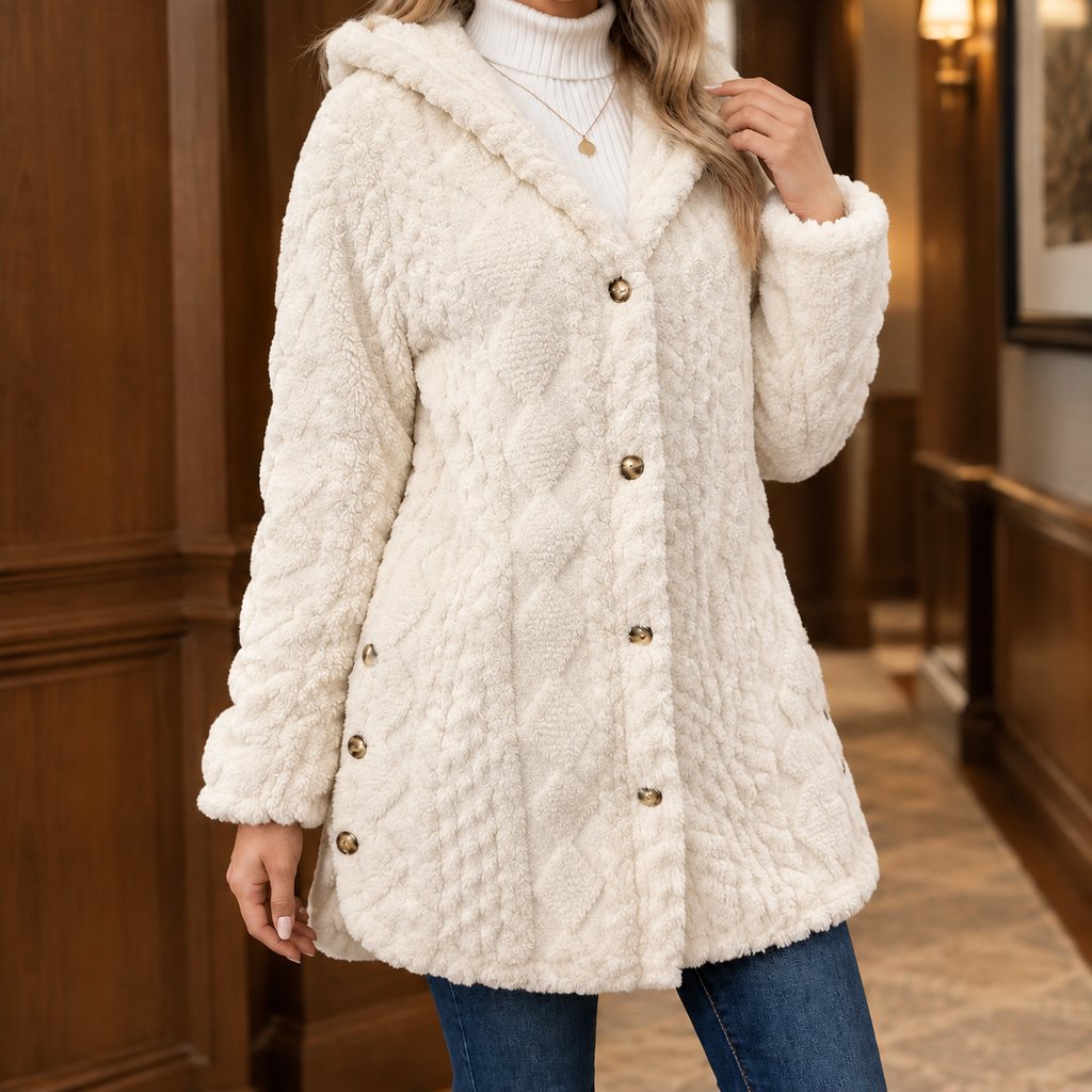 Woman wearing the plush textured hooded jacket in white