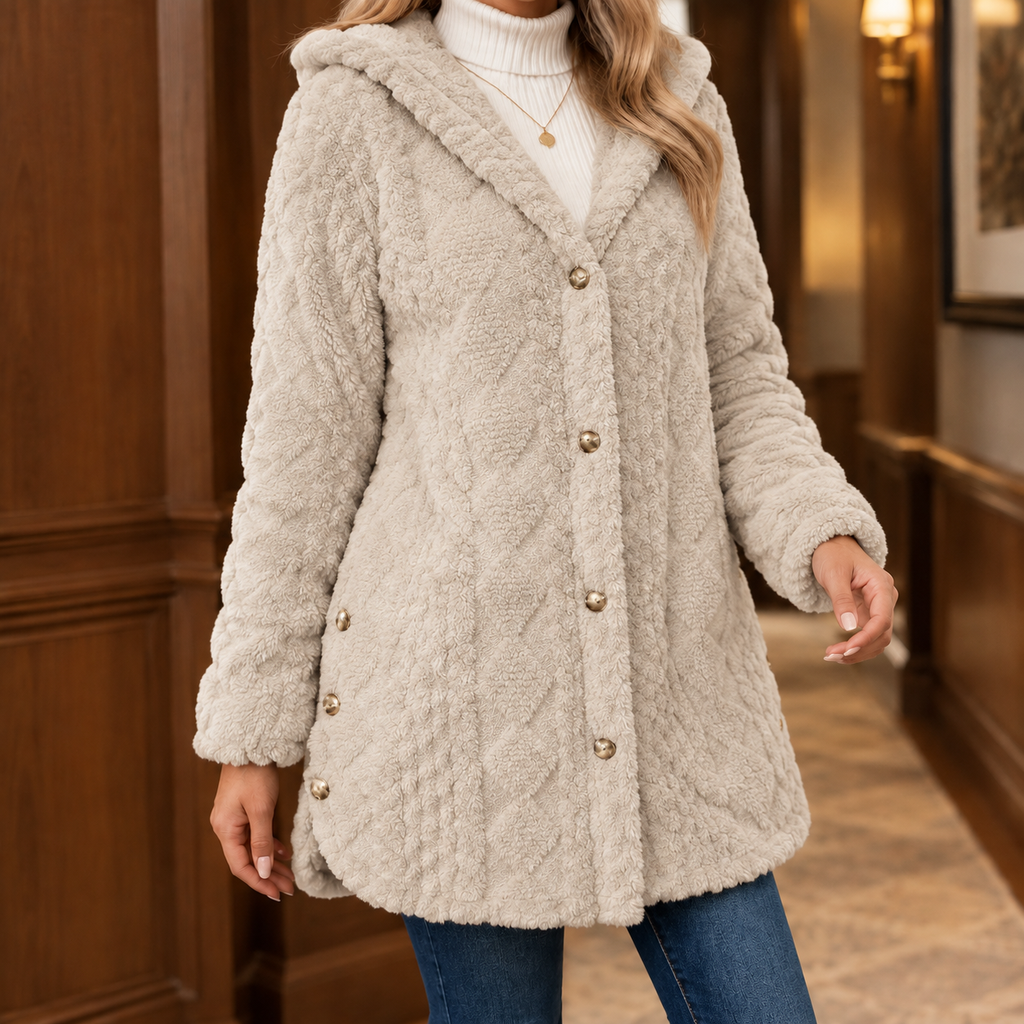 Woman wearing the plush textured hooded jacket in apricot