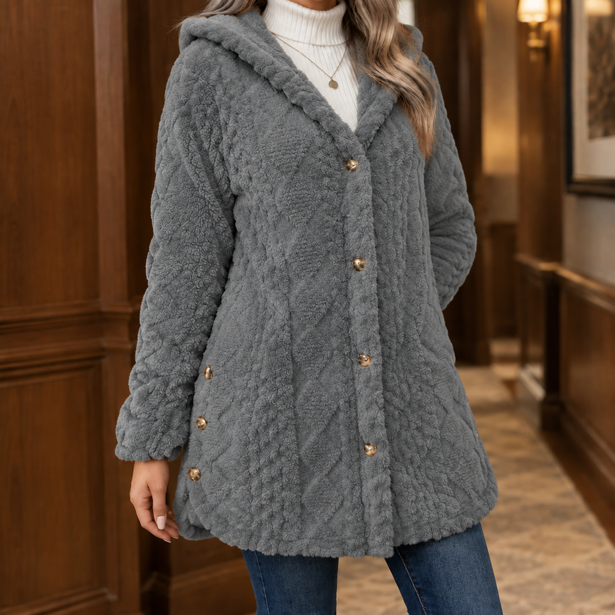 Woman wearing the plush textured hooded jacket in gray