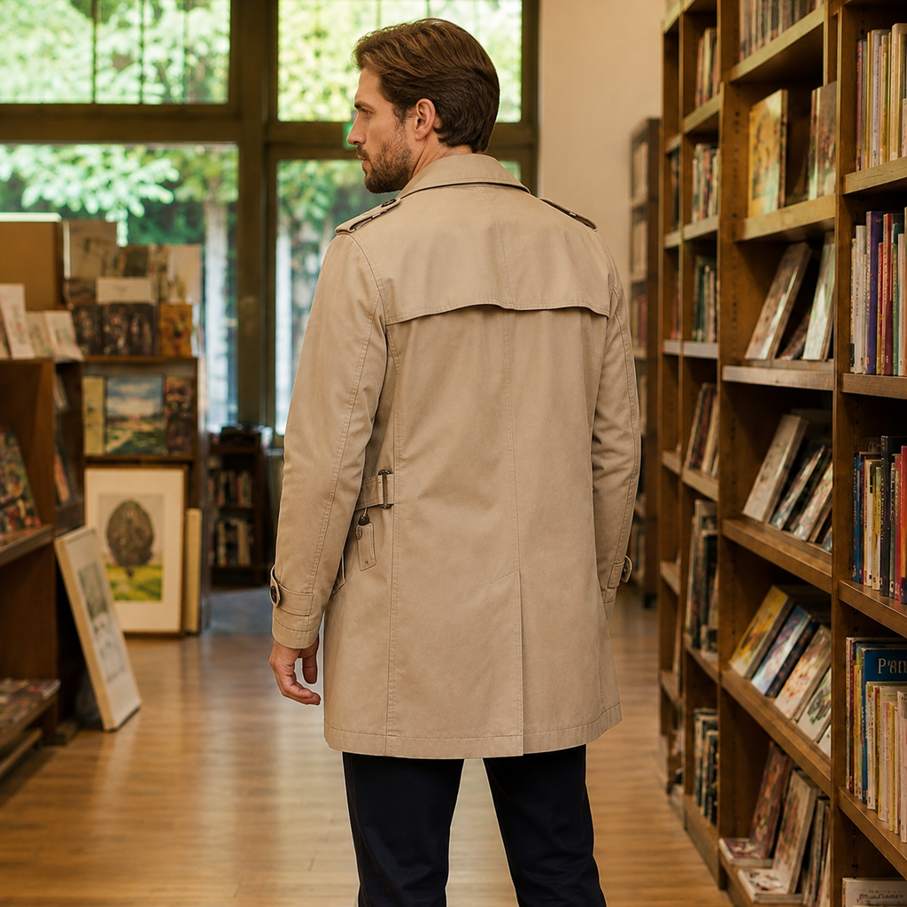 Additional view 2 of the Khaki trench coat showing the notched lapels and adjustable cuff straps and construction