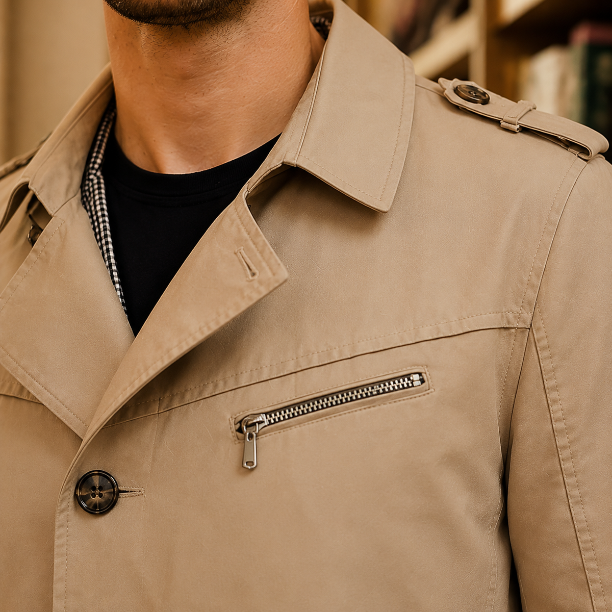 Additional view 3 of the Khaki trench coat showing the notched lapels and adjustable cuff straps and construction