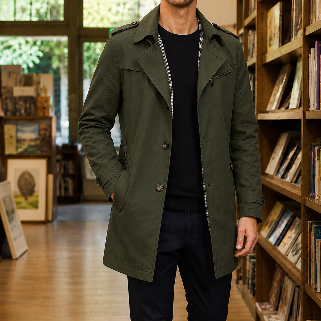 Trench Coat in Army Green showing the notched lapels and adjustable cuff straps