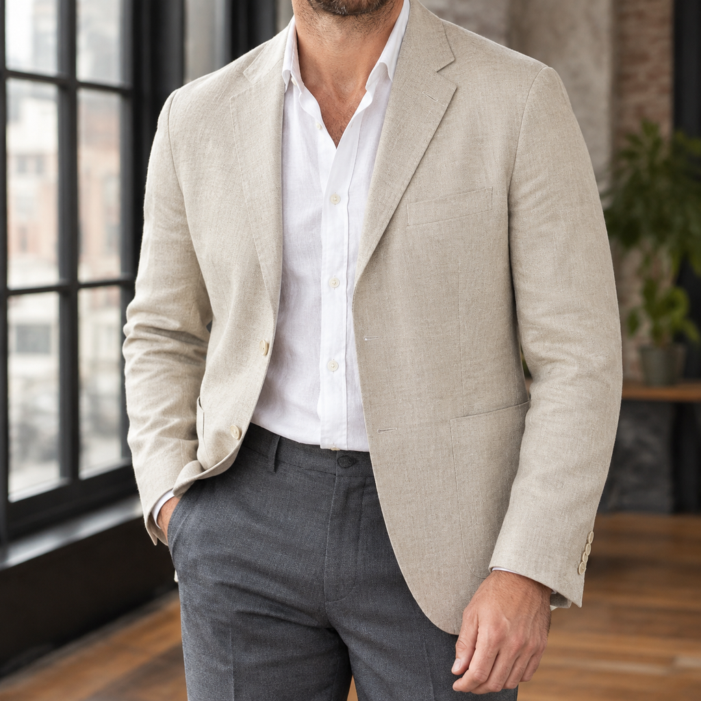 Blazer in Cream showing the soft shoulders and notched lapel