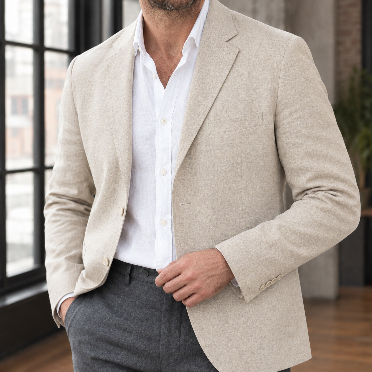 Additional view 2 of the Brown blazer showing the soft shoulders and notched lapel and construction
