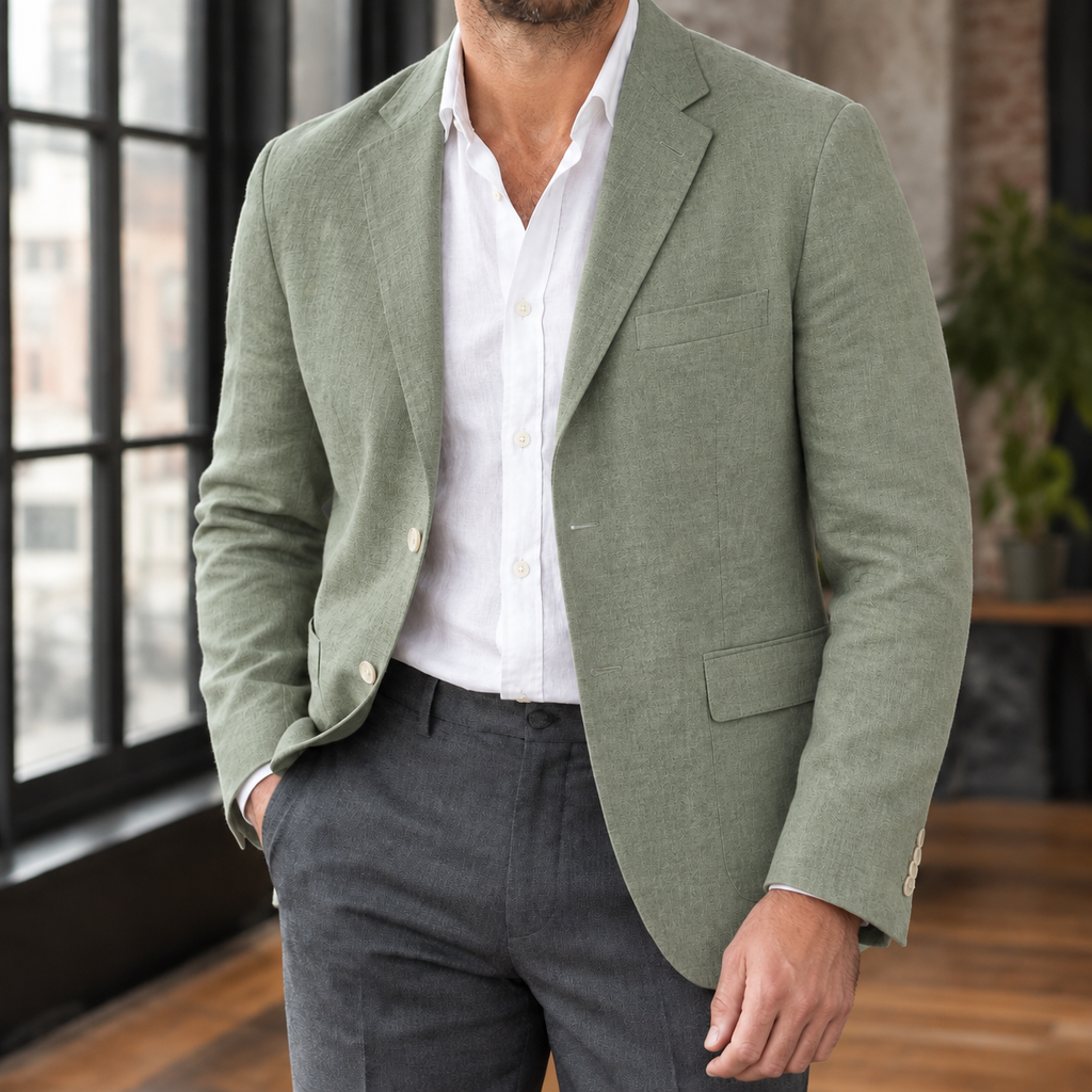 Blazer in Green showing the soft shoulders and notched lapel
