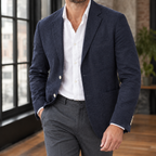 Blazer in Navy showing the soft shoulders and notched lapel