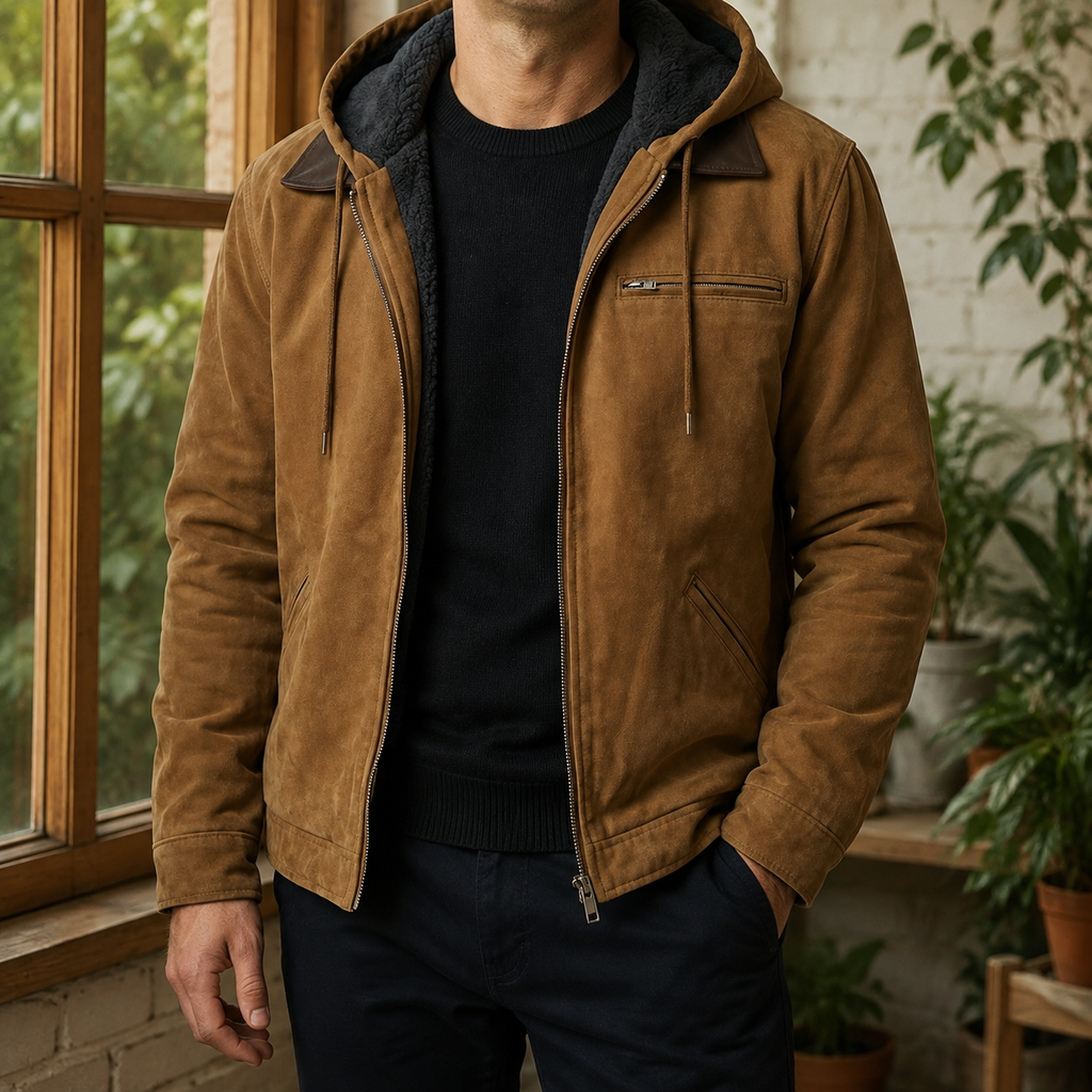 Vintage Jacket in Brown showing the plush-lined hood and contrasting collar