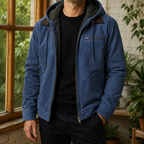 Vintage Jacket in Blue showing the plush-lined hood and contrasting collar