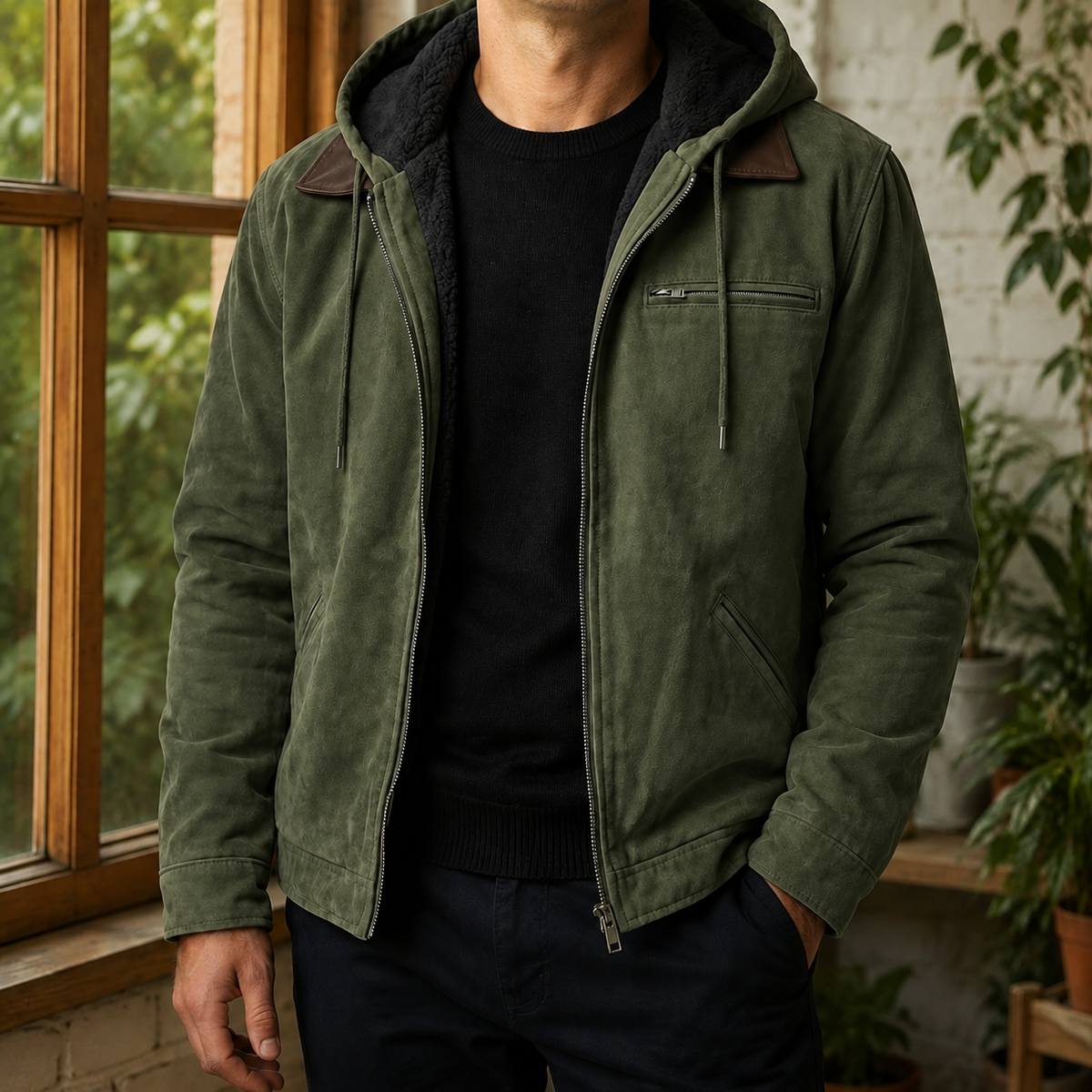 Vintage Jacket in Army Green showing the plush-lined hood and contrasting collar