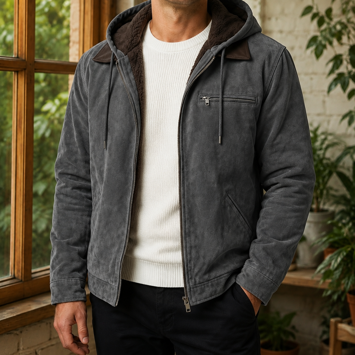 Vintage Jacket in Gray showing the plush-lined hood and contrasting collar