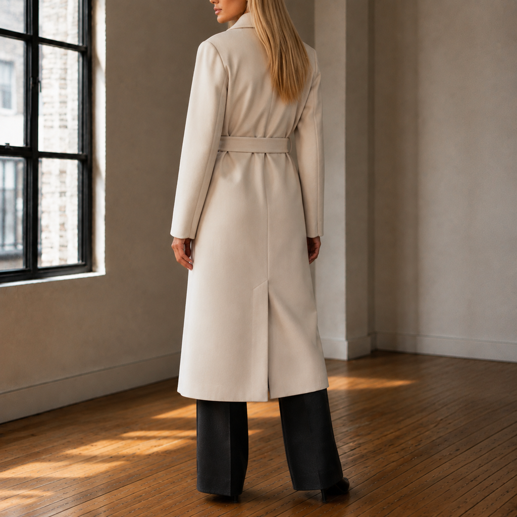 Back view of the beige belted overcoat showing the waist tie and long hem.