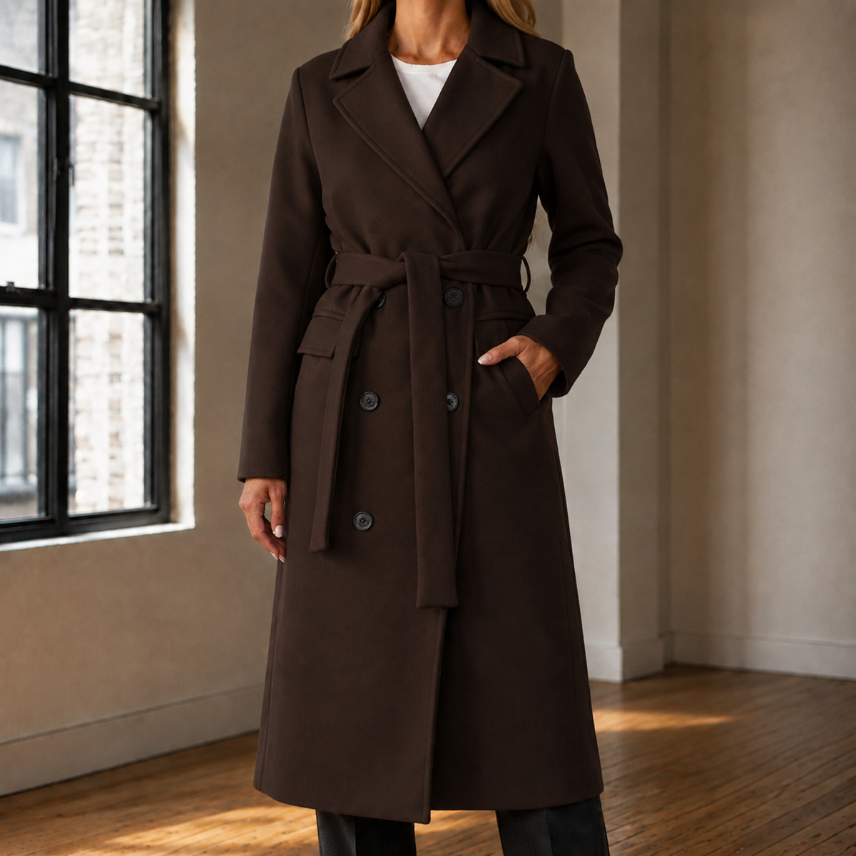 Dark chocolate belted overcoat with double-breasted front on a model.