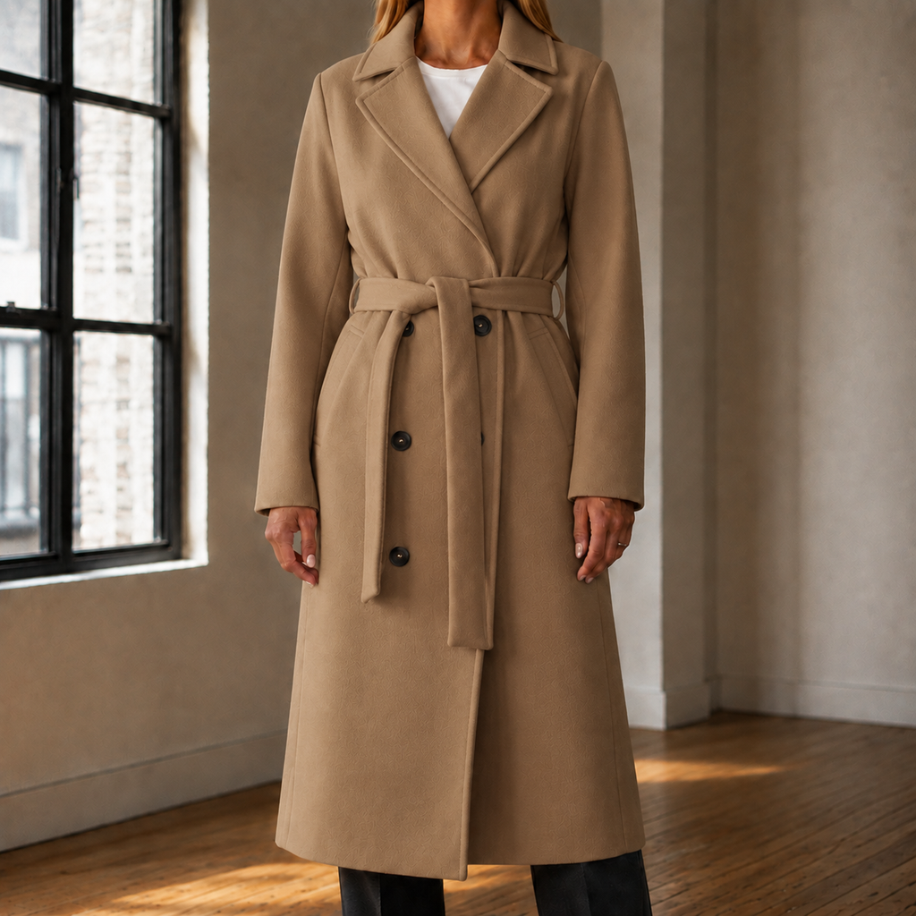 Khaki belted overcoat with double-breasted front on a model.