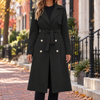 Black trench coat worn on a Washington DC street.