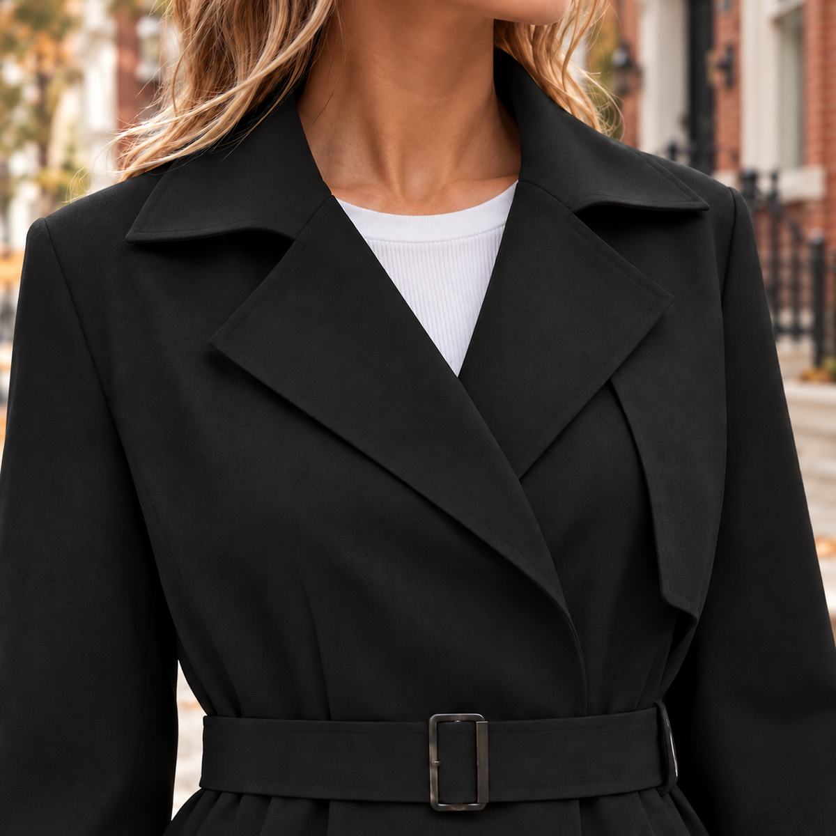 Close-up of the trench coat showing the collar and fabric texture.