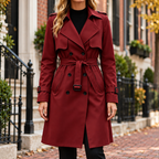 Burgundy trench coat worn on a Washington DC street.