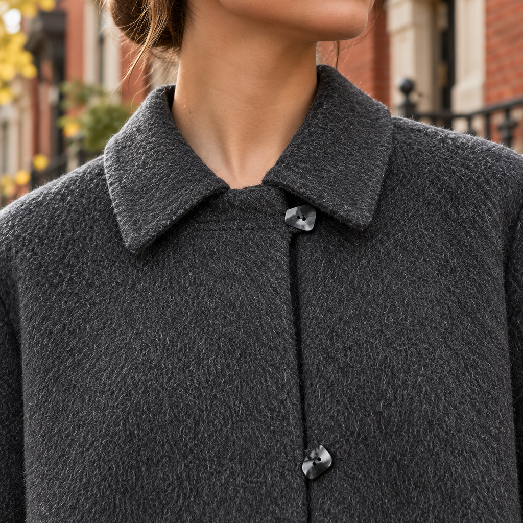 Close-up of the overcoats showing the collar and fabric texture.