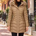 Brown puffer jackets worn on a Washington DC street.