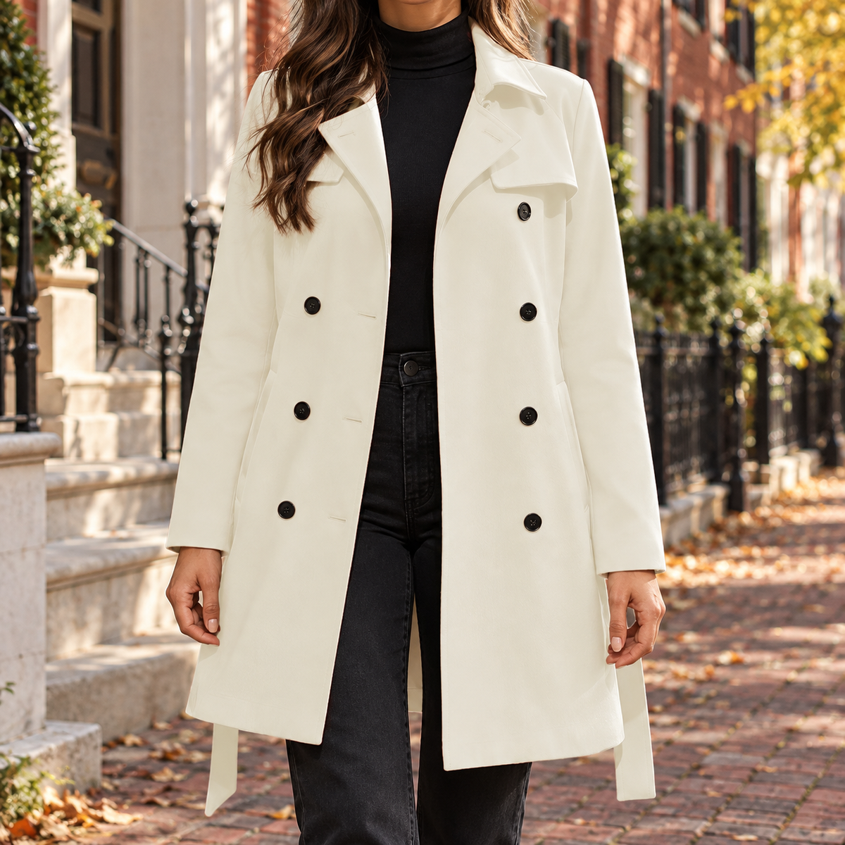 White trench coat worn on a Washington DC street.