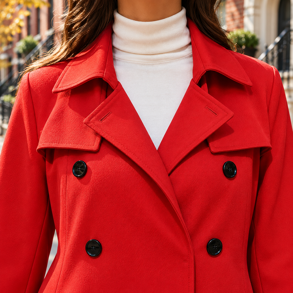 Close-up of the trench coat showing the collar and fabric texture.