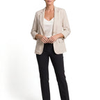 Light neutral cotton blend blazer with a single-button front on a model.
