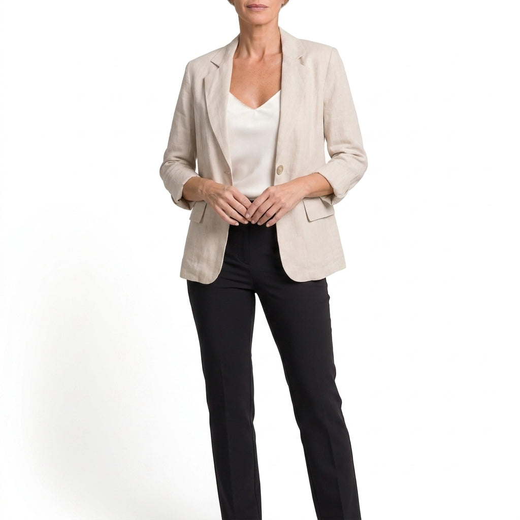 Light neutral cotton blend blazer with a single-button front on a model.