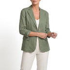 Green cotton blend blazer with a single-button front on a model.