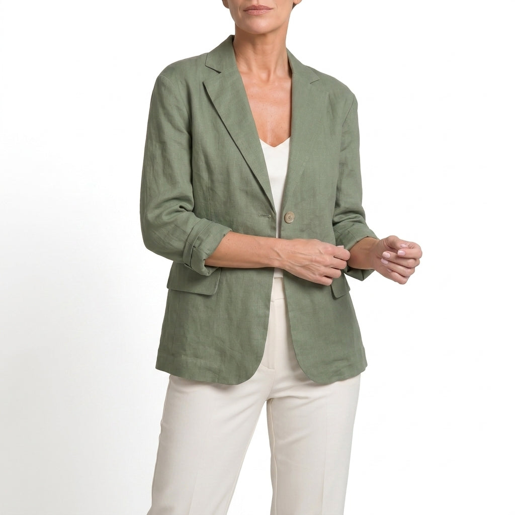 Green cotton blend blazer with a single-button front on a model.