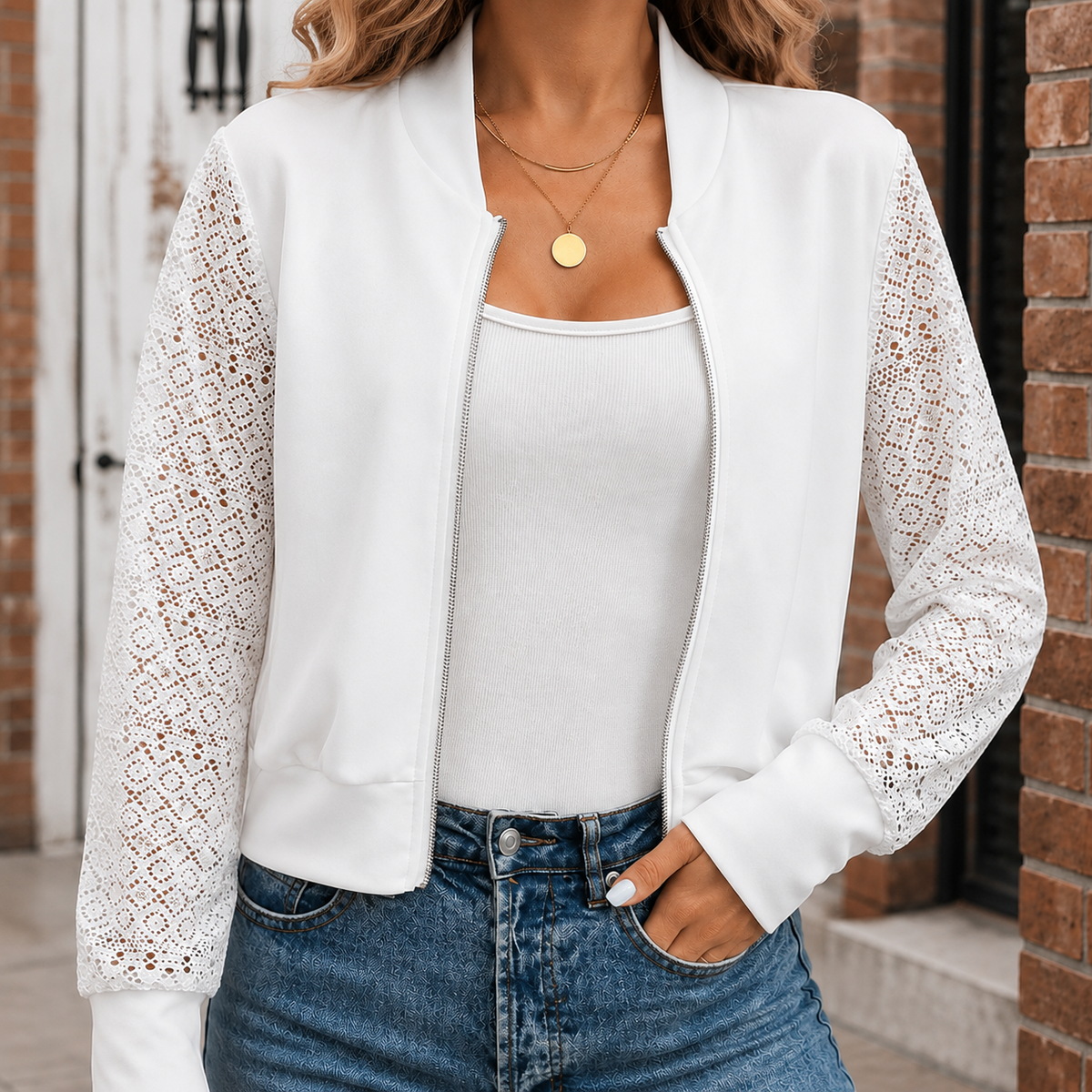 Detail of the white jacket's floral crochet sleeve and woven body.