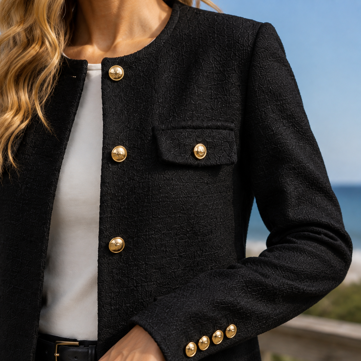 Close view of the black textured cropped blazer showing its buttons and pocket flaps.