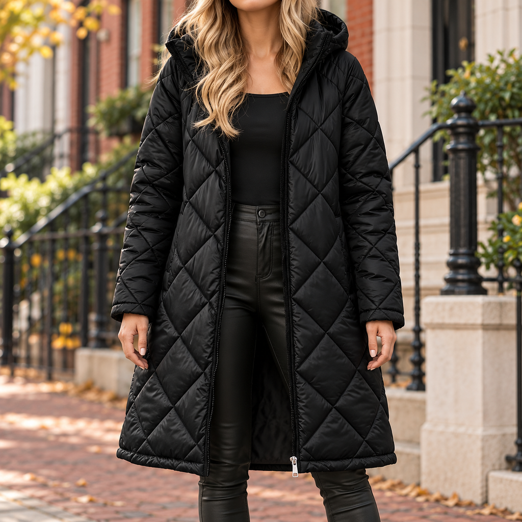 Black quilted jacket worn on a Washington DC street.