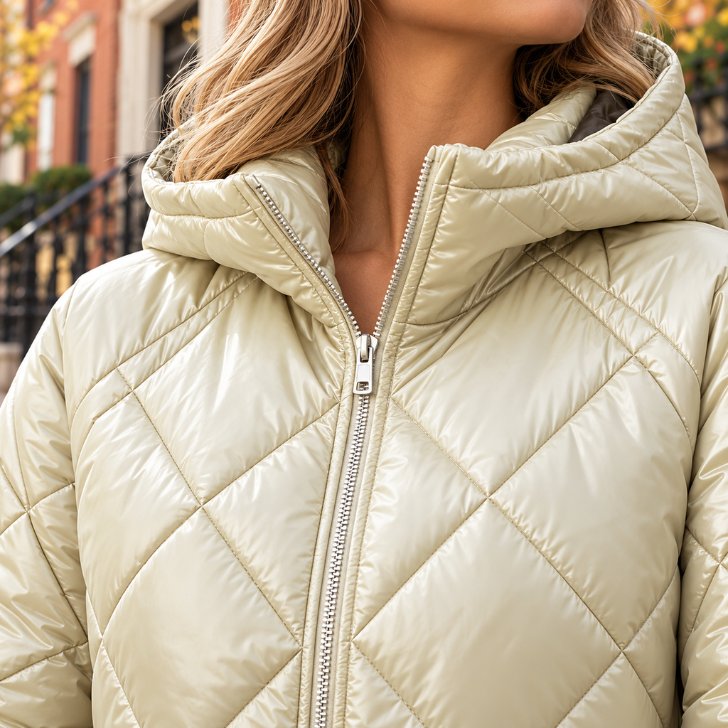 Close-up of the cream quilted jacket showing the hood, zipper and diamond stitching.