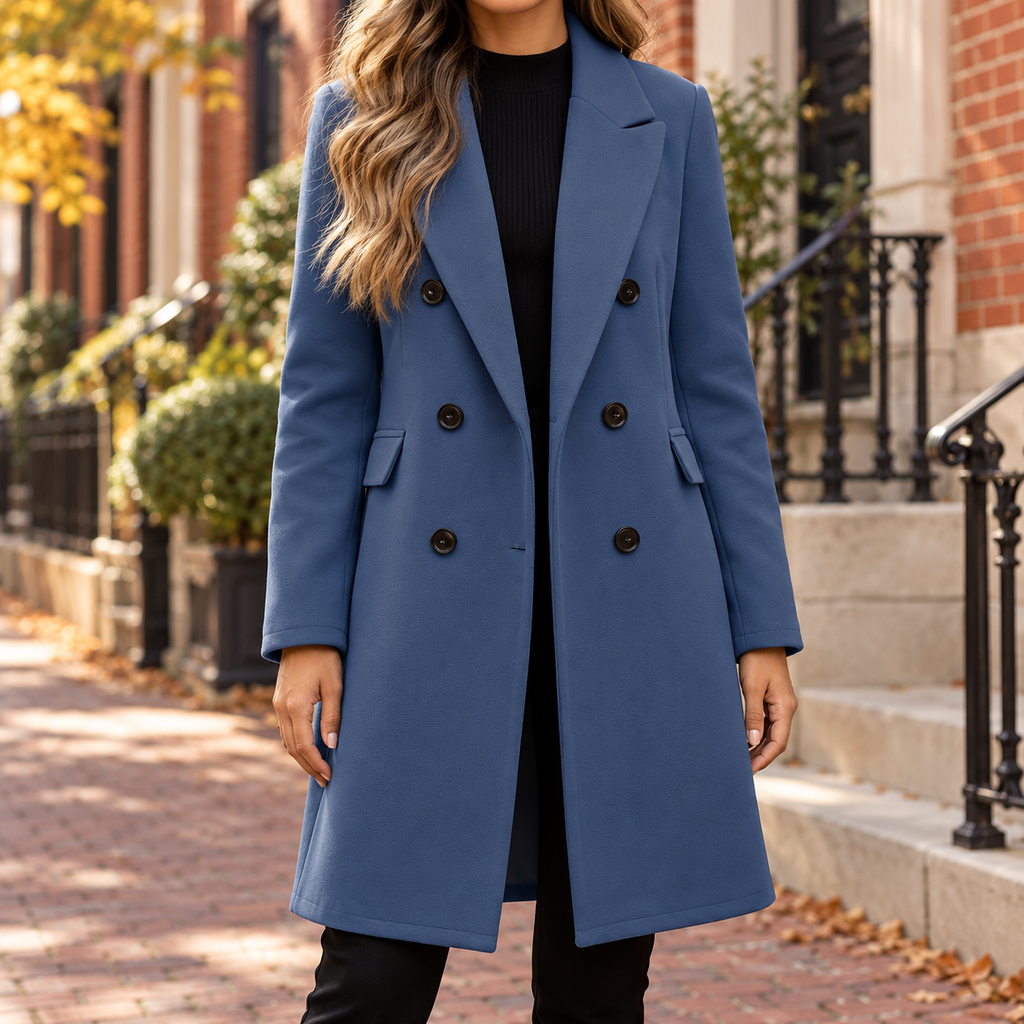 Blue overcoat worn on a Washington DC street.